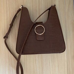 Brown Crocodile-Embossed Shoulder Bag